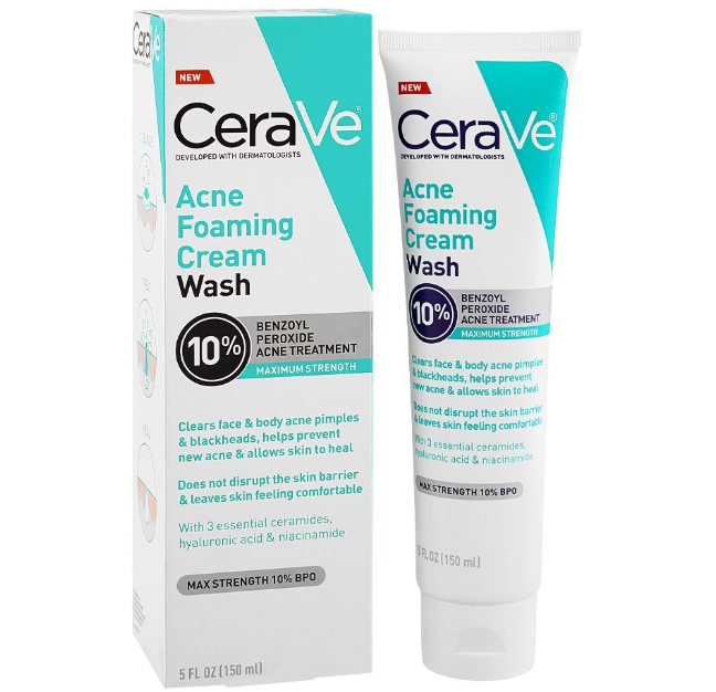 CeraVe 10% Benzoyl Peroxide Foaming Cleanser for Face & Body Acne Treatment, 150ml - Image 2